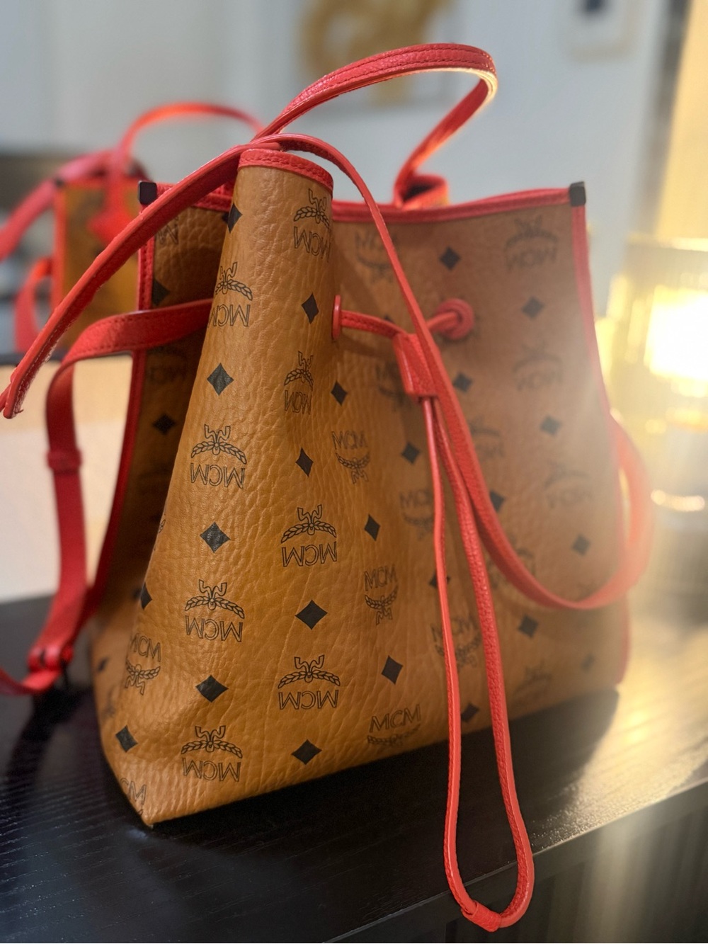 MCM Cognac Visetos Bucket Bag with Red Trim - Picture 3 of 10